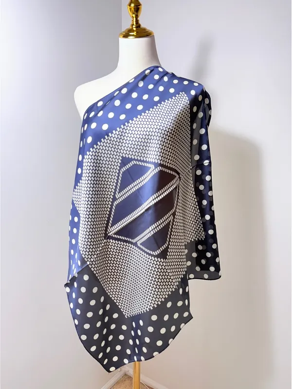Elegant Navy Blue Polka Dot and Geometric Pattern Scarf - Lightweight - Image 2