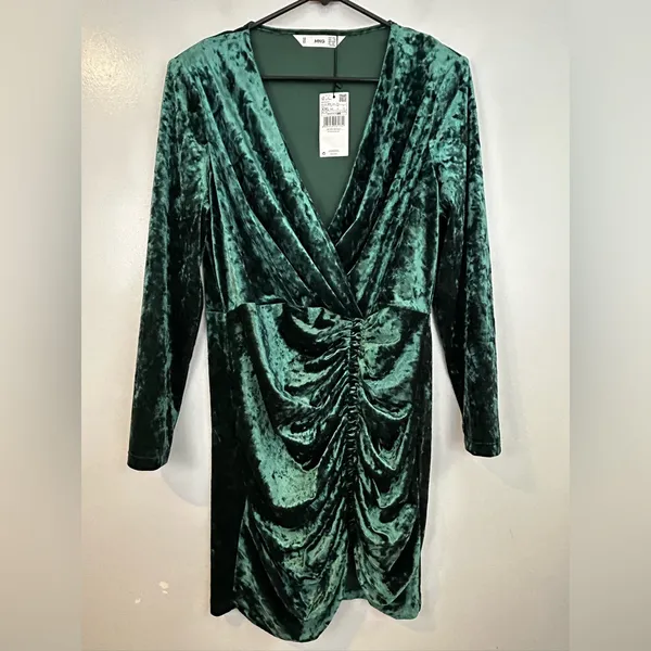 NWT Mango Green Crushed Velvet V-neck Ruched Long Sleeve Mini Dress Size XXL - Image 2