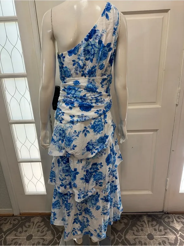 Selfie Leslie One-Shoulder Yellow Dress with Blue Floral Print Size Medium A1 - Image 11