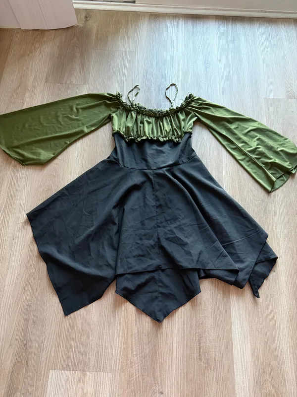 Romwe Olive Green Black Lace Up Bell Sleeve Renaissance Cottagecore Dress Size S - Image 6