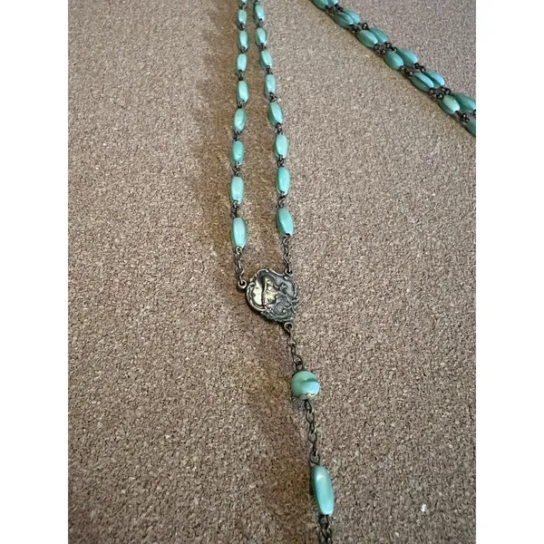 Art Deco Style RosaryAqua Glass Beads Silver-Tone Crucifix Saint Therese 1930’s - Image 4