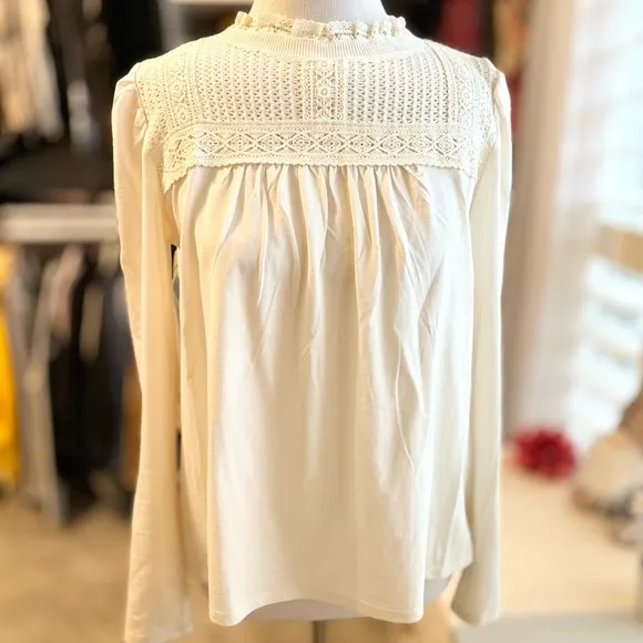 LOFT Cream Lace Yoke Top Small - Image 2