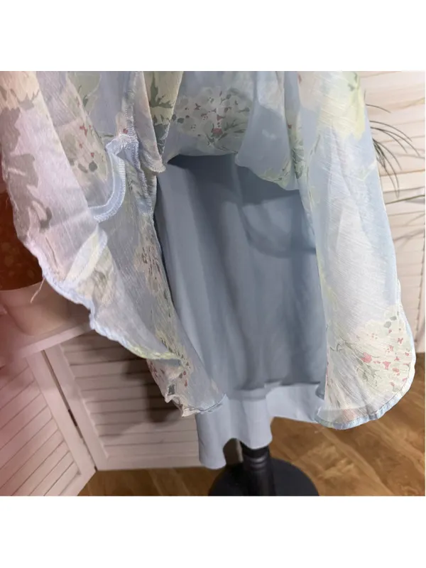 Ralph Lauren floral blue midi dress chiffon flutter sleeves cottage fairy boho 6 - Image 11