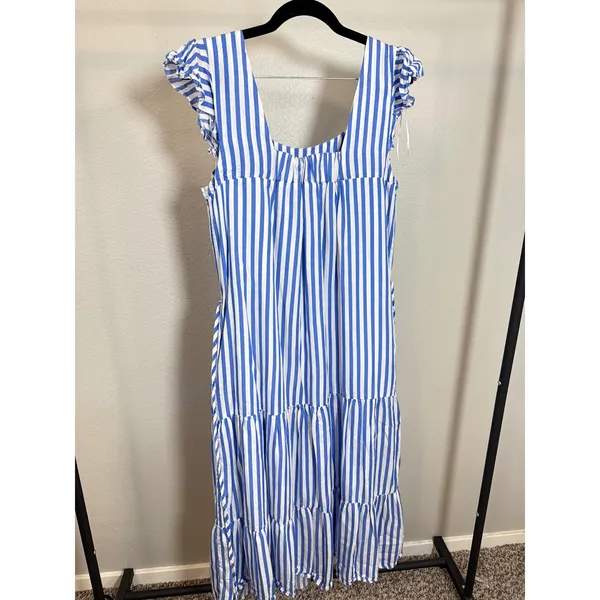 Draper‎ James RSVP Blue White Striped Tiered Midi Dress Ruffle Sleeve Small - Image 7