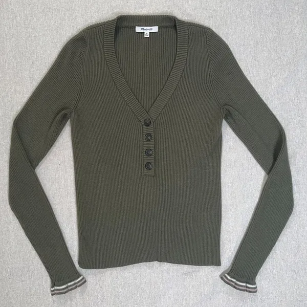 Madewell | Olive Ruffle-Cuff Henley Sweater | Medium - Image 4