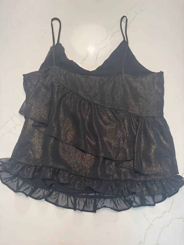 Ro & De Shimmery Black & Gold Ruffle Cami Tank Top - Image 3