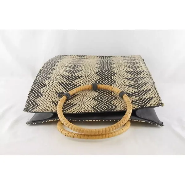 Wet Seal Geometric Woven Tote Bag Straw Black Tan Round Handle - Image 5