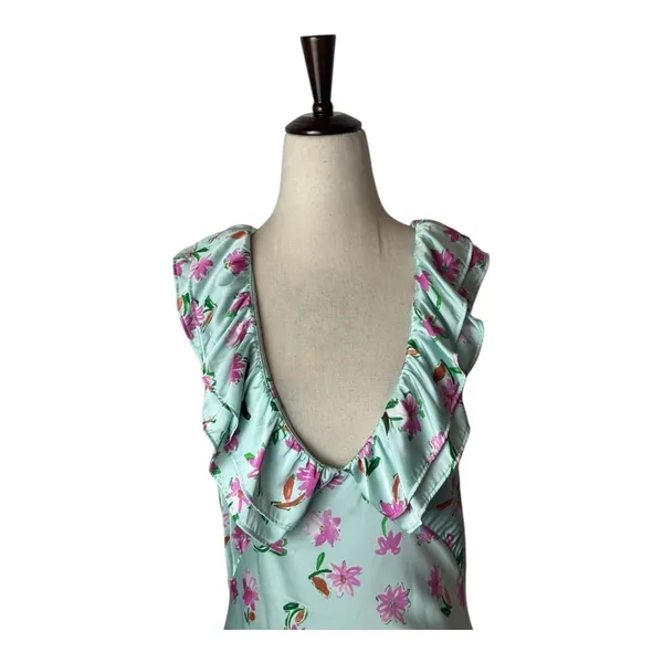 Zara Dress Women Medium Blue Pink Floral Satin Ruffle Trim Midi Slip‎ Dress Boho - Image 5