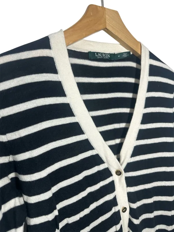 Ralph Lauren Black and White Striped V-Neck Cardigan - Image 2