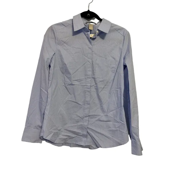 H&M Button Down Shirt Pinstripe Blue‎ Hidden Placket Size 6 Dark Academia Office - Image 2
