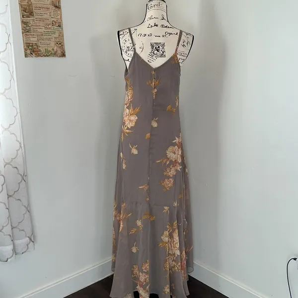 Dress Forum Floral Maxi Slip Dress Taupe Grey V-Neck Tiered Hem Medium Boho - Image 3