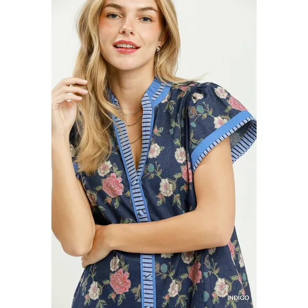Umgee Floral Contrast Trim Ruffle Hem Mini Dress - Indigo - Small - Image 6