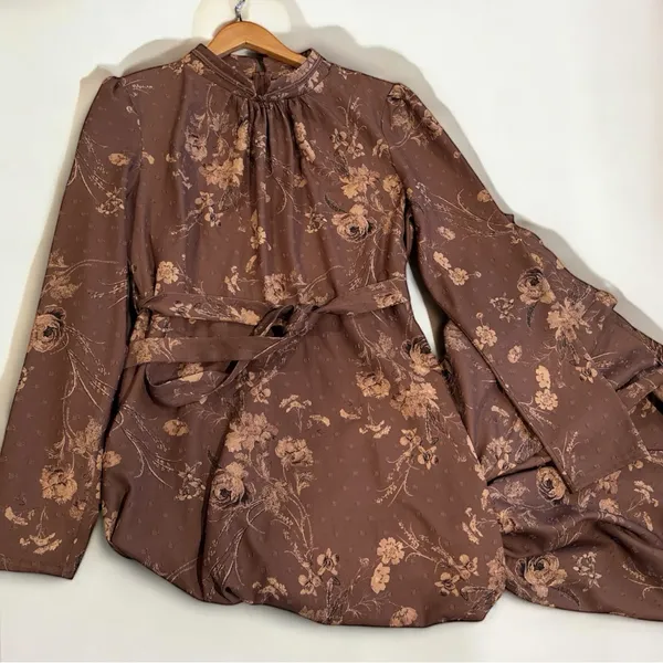 DMN by OZDUMAN Women’s Floral Brown Long Sleeve Maxi Dress with Empire Waist, LG - Image 3