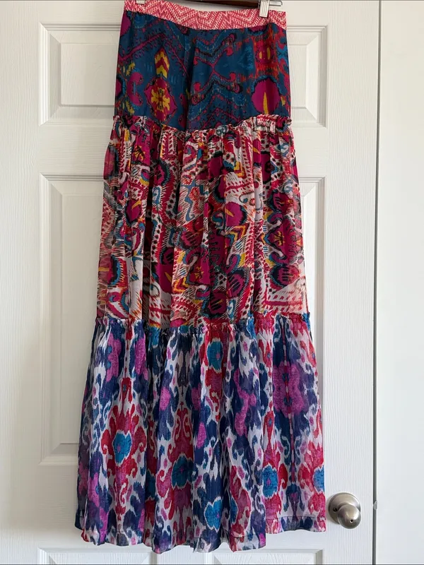 Sundance Harlin Tiered Maxi Skirt XS Boho Cupro Ikat Paisley Chiffon Lined - Image 2