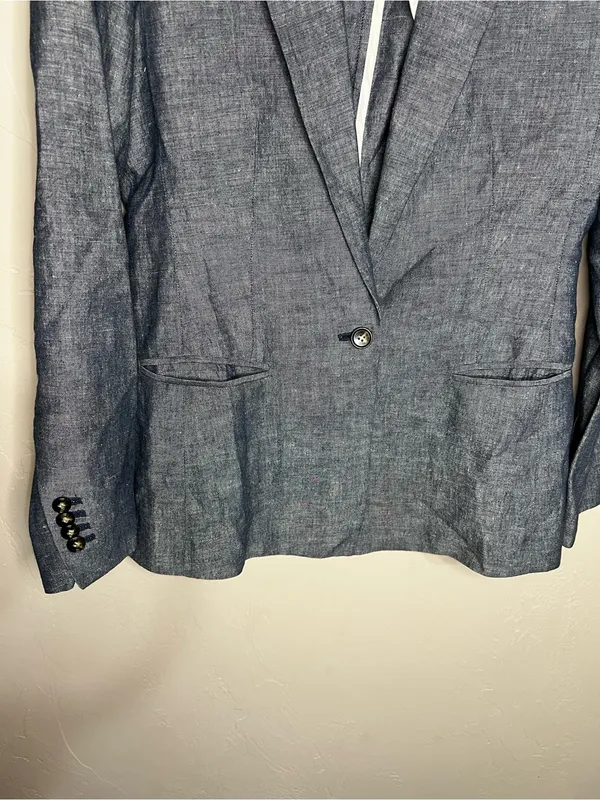 Club Monaco Borrem Linen Blue Heathered One Button‎ Preppy Quiet Luxury Blazer - Image 4