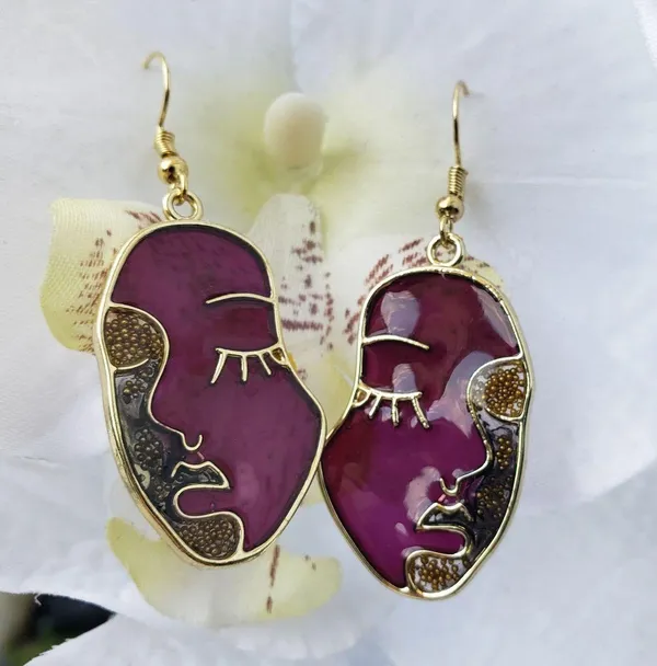 Gold Plated Purple Art Face Handmade Resin Jump Earrings Tones Verdes Jewelry - Image 6