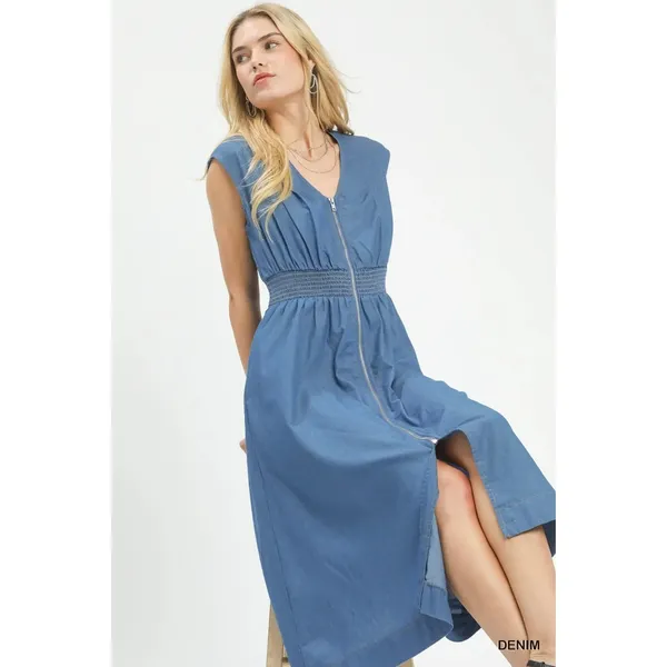 Umgee‎ Denim Sleeveless Zip-Front Smocked Waist Midi Dress - Small - Image 6