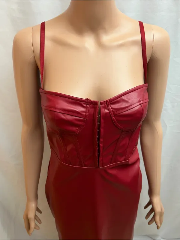 Silquee Red Faux Leather Corset Bustier Midi Dress Size Small - Image 2