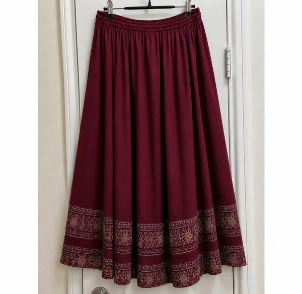 Free People High Low Maxi Skirt Burgundy Floral Border Boho XS - Image 2