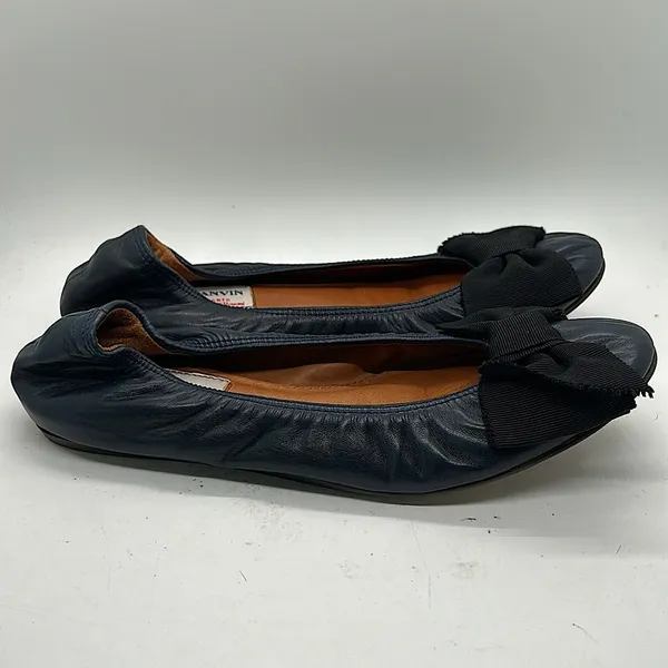 Lanvin Paris Navy Blue Leather Black Bow Ballet Flats Shoes **Size 37.5/US 5.5** - Image 3