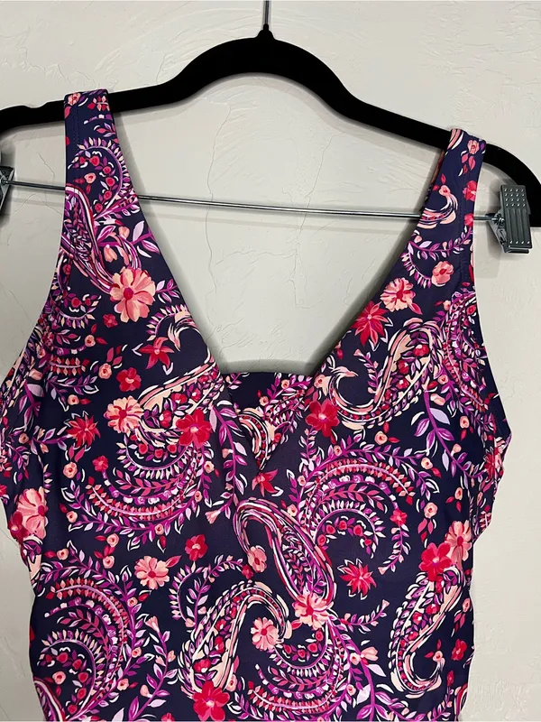 Lands End Purple Floral Paisley Grecian‎ Ruched Slimming One Piece Swimsuit - Image 3