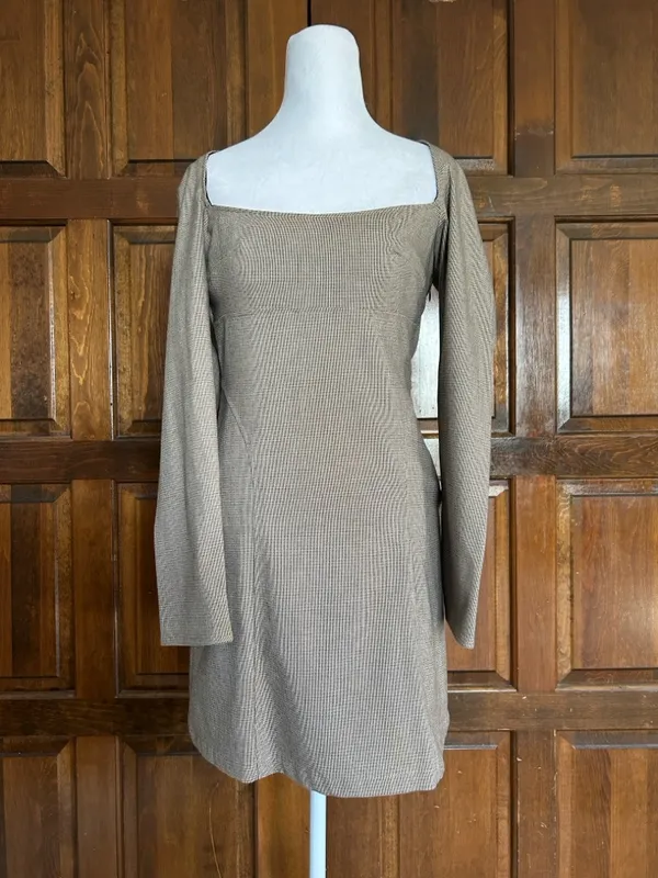 Zara Brown Micro Plaid Square Neck Dress Long Sleeve Mini Size Medium‎ M - Image 2