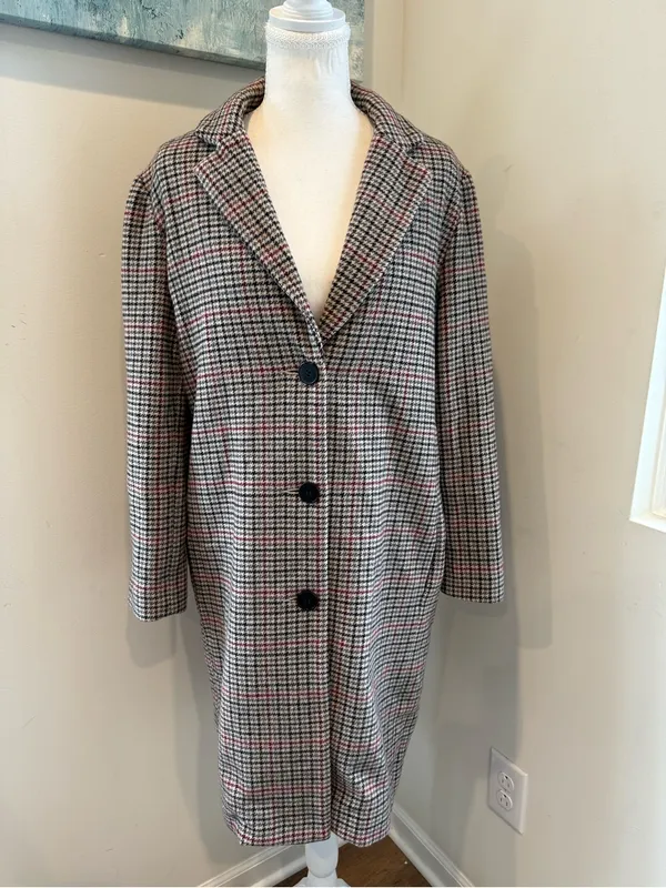 Velvet by Graham & Spencer Wool Blend Houndstooth Trench Coat Black White Pink - Image 2