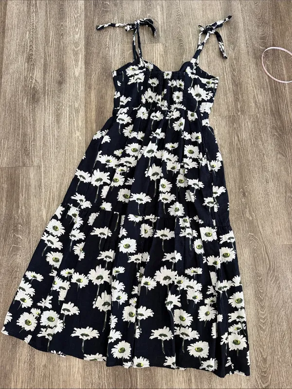 Urban outfitters Positano midi dress navy blue sunflower floral boho small - Image 10
