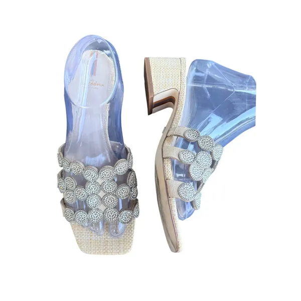 Sam Edelman Womens Crystal Embellished Raffia Block Heel Slide Sandals Beige 7 - Image 3