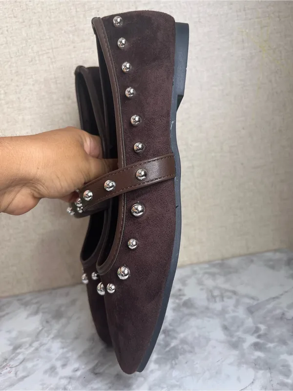 Olivia & Kate Studded Mary Jane Flats in a dark brown faux-suede finish - Image 7