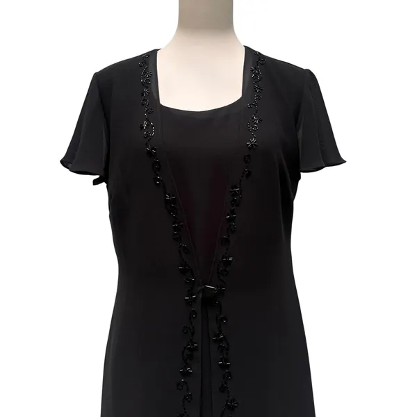 VTG 90s Elegant‎ Mock Jacket Sheath Dress 10 Black Beaded Floral Midi Modest - Image 2