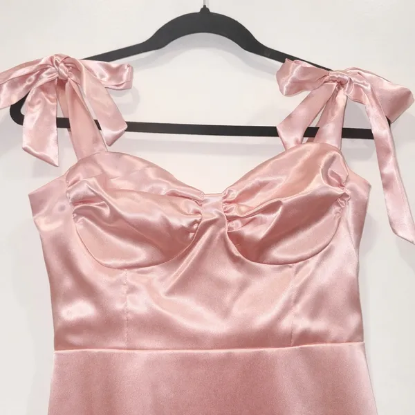 Lucy In The Sky Pink Satin Bow Strap Mini Dress Sweetheart Bustier A line Ruched - Image 4
