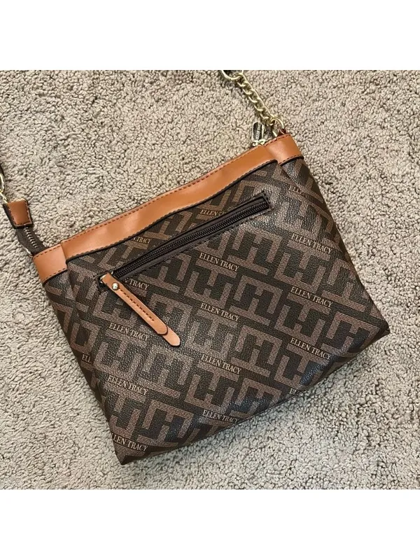 Ellen Tracy Signature Monogram Zip Medium Crossbody Bag Brown Faux Leather Purse - Image 3