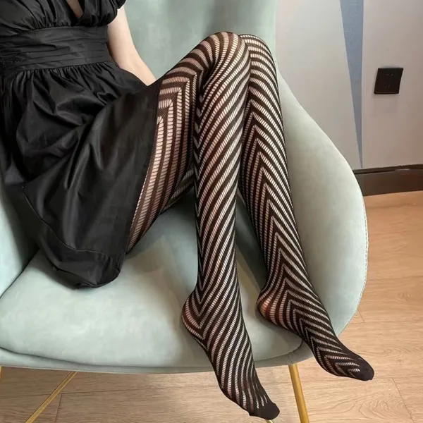 Striped Black Fishnet Tights, High Waist Hollow Out Mesh‎ Pantyhose One Size - Image 5