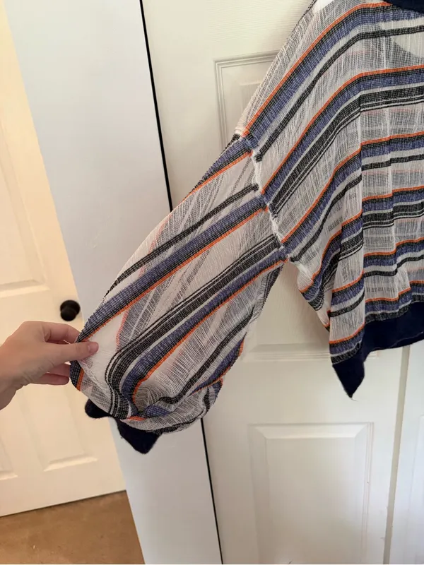 Free People Oversized Striped Boatneck Sweater Slightly Sheer Navy Blue Large - Image 7