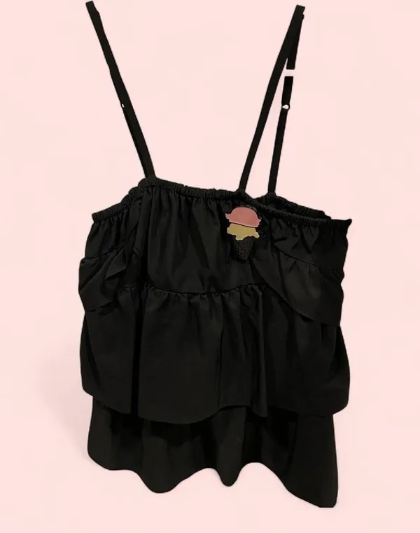 Fun NWT Fiorucci black tiered ruffle ice cream pin adjustable strap top - Image 2
