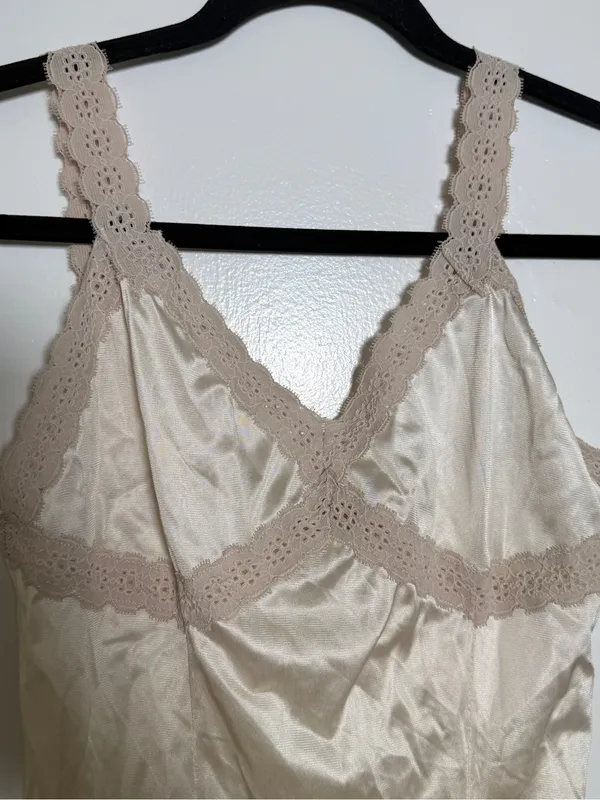 Source Unknown Vintage Silky Lace-Trim Cami Tank - Cream Small Bombshell Hollywood Glamour - Image 2