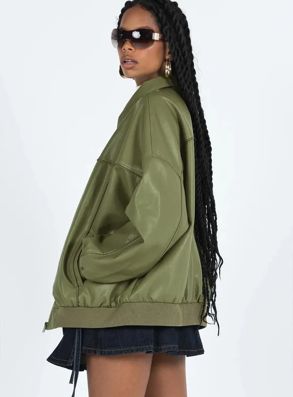 Princess Polly olive green leather bomber jacket US 6 - Image 2