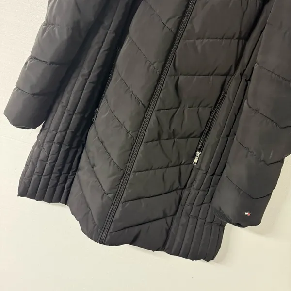 Tommy Hilfiger Coat Puffer Down Women XL Black Full Zip Faux Fur Hooded Long - Image 5