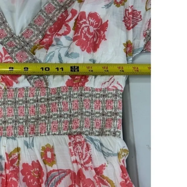 J GEE Womens Floral Smocked Waist Maxi Dress Pink White V-Neck‎ Boho Size S - Image 8