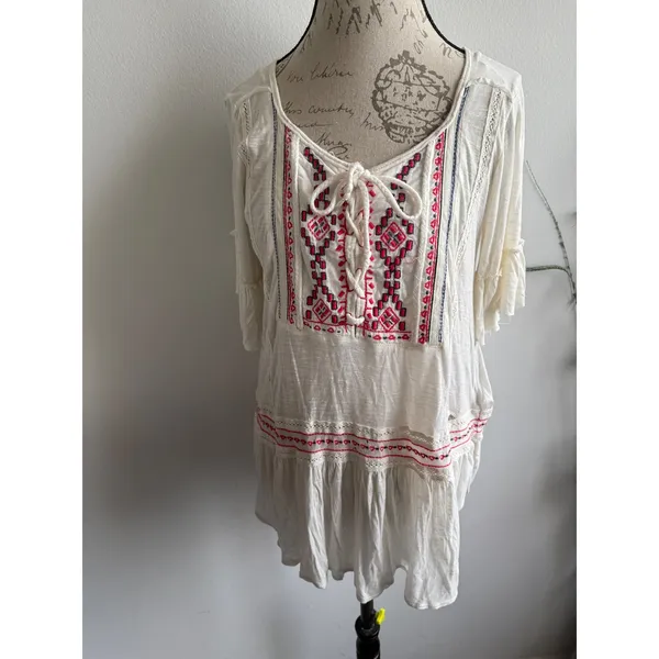Free People Cream Embroidered Lace‎ Up Tunic Top Bell Sleeve Boho - Image 2