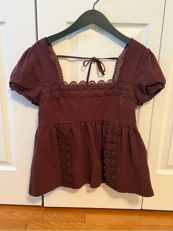 Altar’d State Brown Puff Sleeve Lace Edge Square Neck Babydoll Top - Image 2