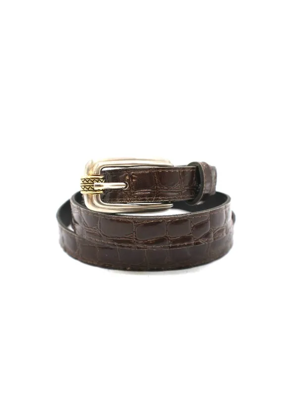 Brown Croc Embossed Vegan Leather Belt -18 Western Y2K Retro Silver Gold Buckle - Image 2