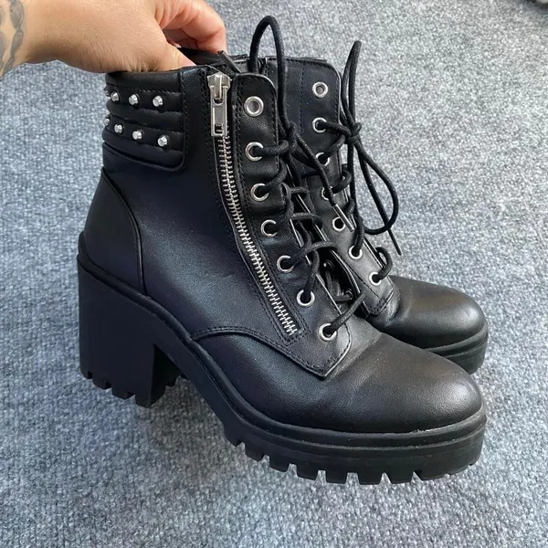 Nobo Black Leather Lace Up Boots Chunky Heel Leather Upper Memory Foam - Image 3
