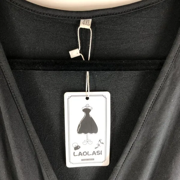 Laolasi Black Long-Sleeve Faux Wrap Dress Pleated V Neck 4XL - Image 3