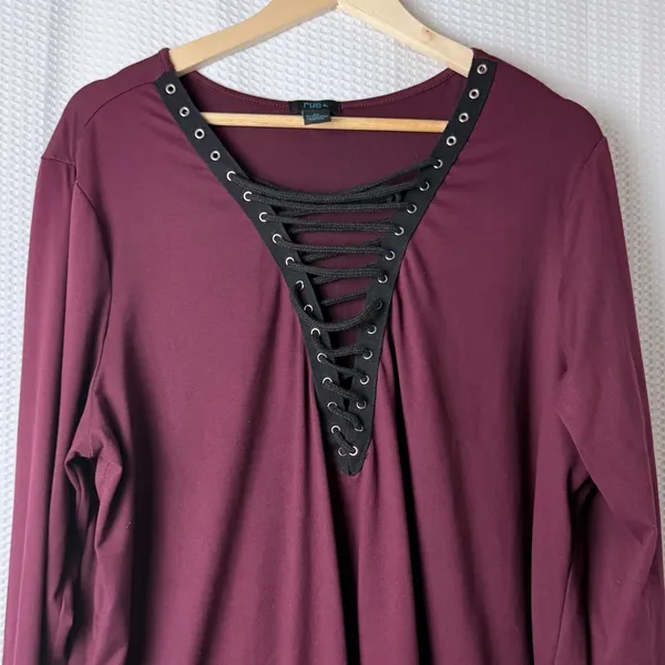 Rue+ Lace Up Grommet Women 2X Burgundy Long Sleeve Edgy‎ Goth V-Neck WitchyShirt - Image 3
