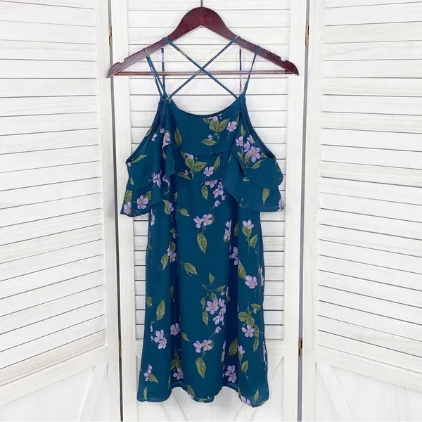 Mi Ami Francesca’s Floral‎ Cold Shoulder Tiered Ruffle Shift Dress Teal XS - Image 8