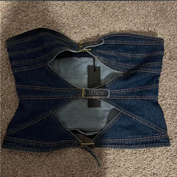 Princess Polly Lioness blue denim cut out corset top - Image 5