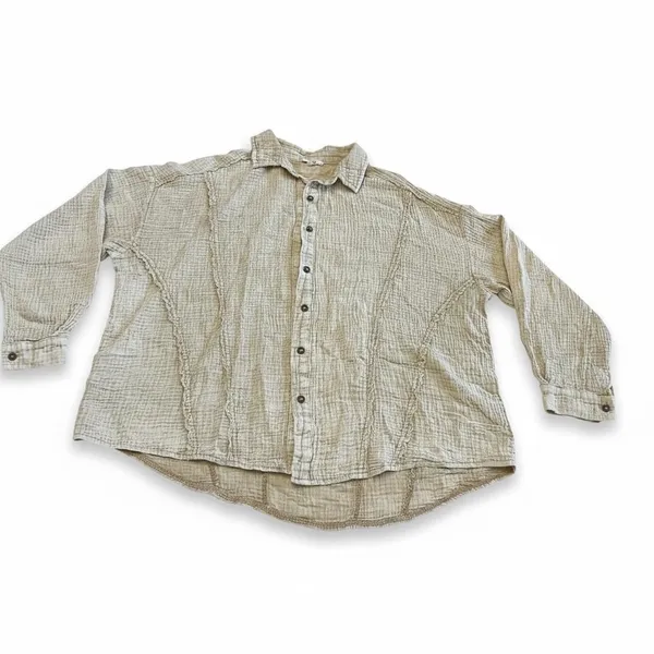 Easel Women's Beige Textured Crinkle Gauze Button Up Shirt Top Medium‎ - Image 4