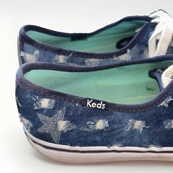 VTG Keds Champion 9.5 Blue Distressed Denim Star Low Top Sneakers Rubber SOle - Image 5